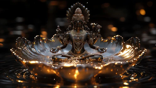 Divine metallic deity meditates on glowing liquid lotus