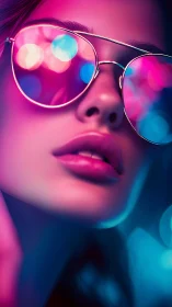 Neon-lit sunglasses frame a glossy, hyperreal portrait glow.