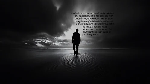 Silhouette stands on wet beach under dark storm clouds