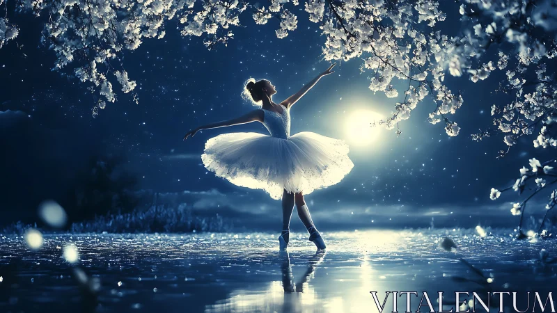 Moonlit ballerina dances beneath glowing cherry blossoms