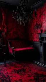 Gothic red parlor with black chandelier and velvet sofa.
