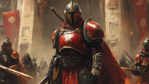 Proud red-clad knights stand united before a burning citadel
