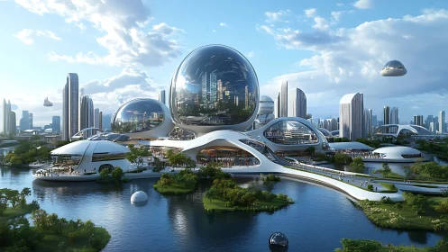 Futuristic Waterfront City with Spherical Architecture