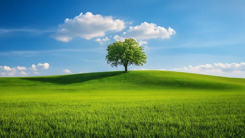Solitary green tree crowning a vivid rolling hillside.