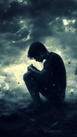 Silhouetted figure sits on ground beneath turbulent clouds
