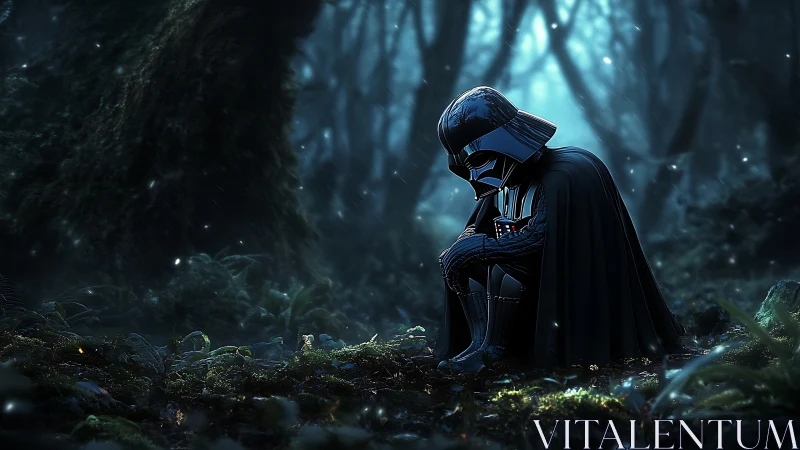 Solitary armored figure in misty bioluminescent forest scene.