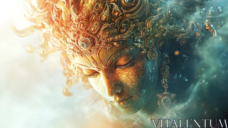 Golden celestial mask drifts through luminous ethereal mist