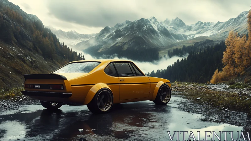 Golden vintage car resting quietly in misty mountain pass.