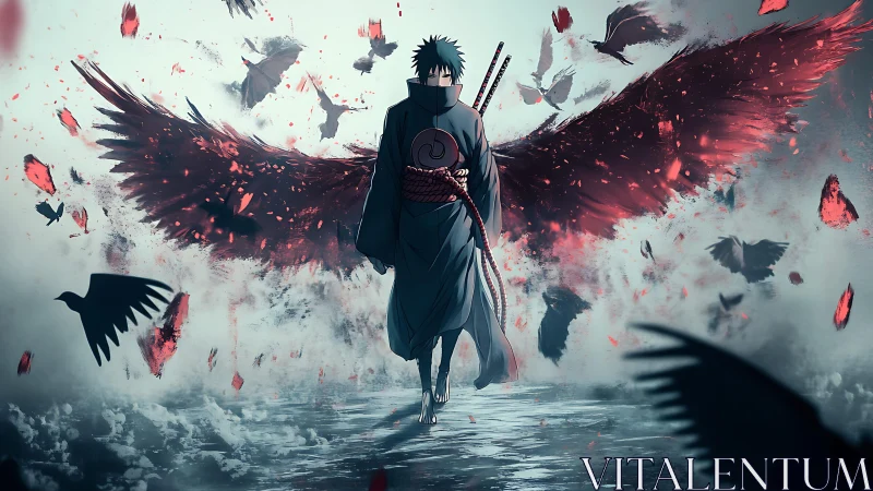 Dark cloaked warrior with red wings amid flying crows.