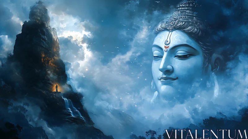 Divine mountain vision with colossal serene celestial face.