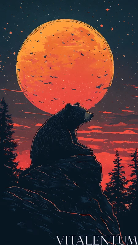 Lone bear silhouette under giant orange moon at dusk.