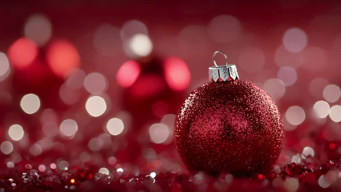 Crimson Christmas bauble sparkling in dreamy holiday bokeh.