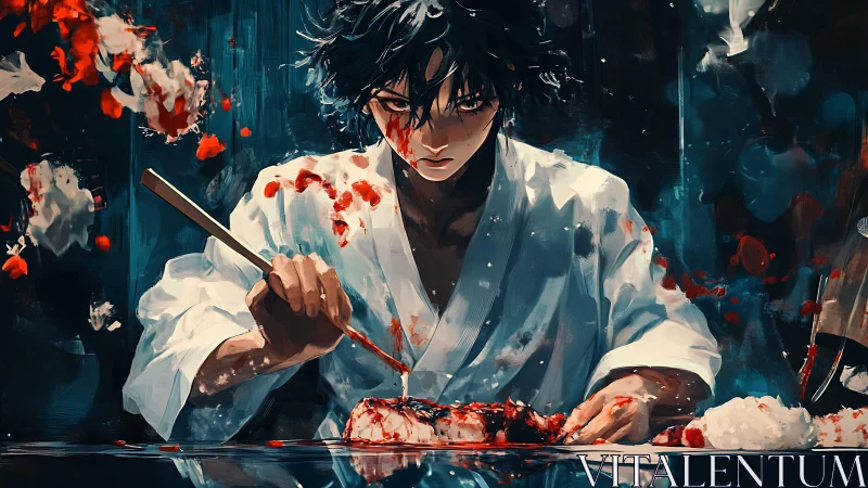 Intense anime chef carving bloody meat in dynamic palette.