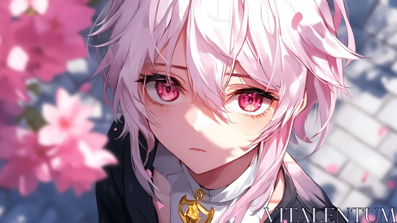 Melancholic pink-haired anime portrait under soft cherry bloom