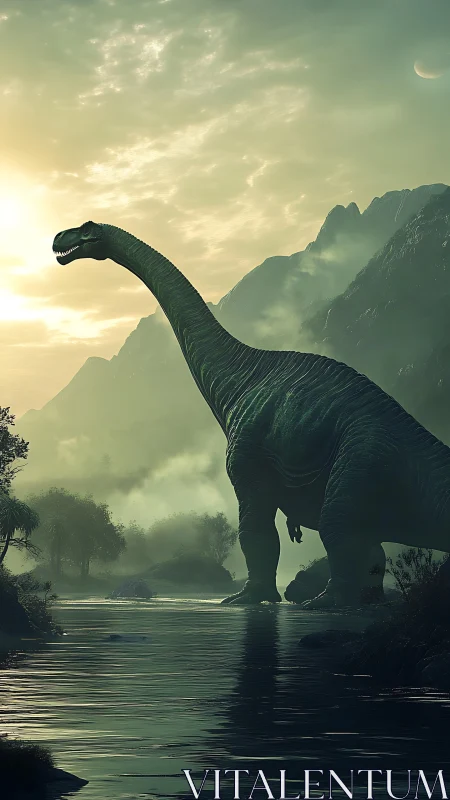 Dawnlit sauropod wading through misty primeval river valley.