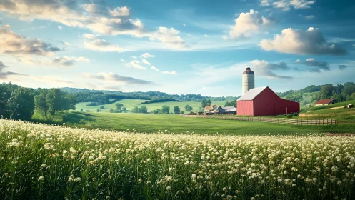 Wide-angle rural farm landscape with red barn and grain silo