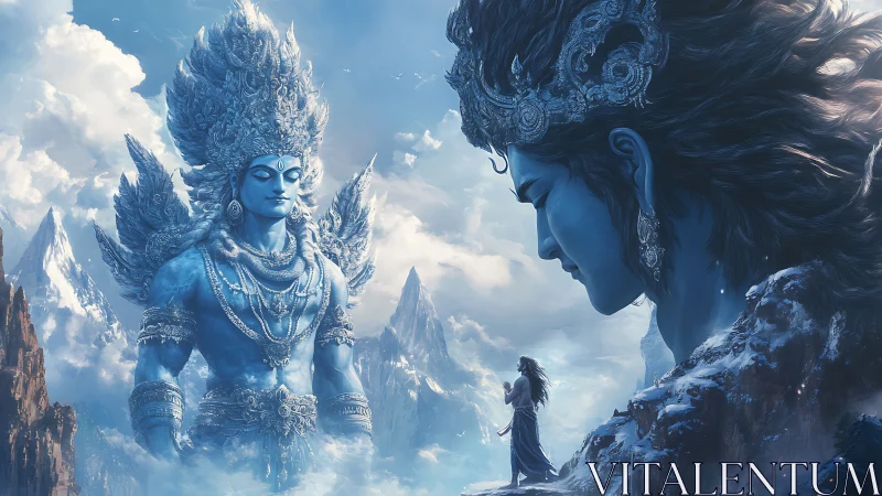 Colossal blue deities rise over snowy Himalayan peaks.