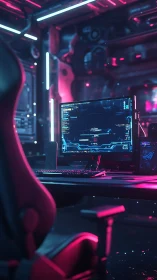 Cyberpunk command workstation with neon-lit ergonomic rig.