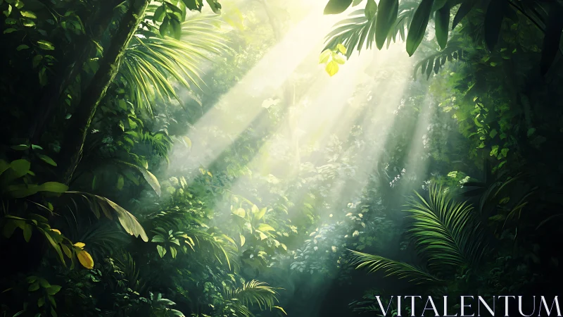 Sunlit rainforest canopy with dense emerald foliage.