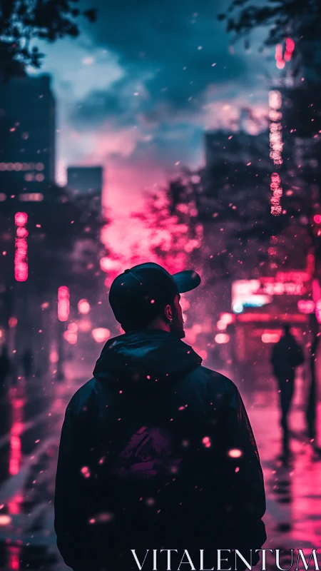 Man in neon lit city street under moody dusk sky.