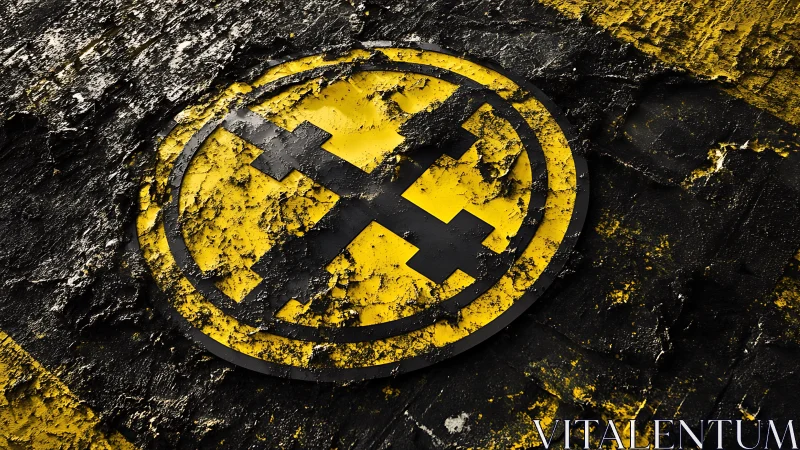 Yellow circular symbol with distressed cross motif on wall.