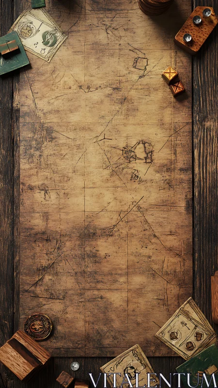 Weathered treasure map with scattered dice and tokens