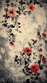 Red roses climb across distressed vintage wall surface