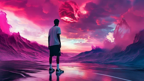 Solitary figure studies neon ocean under fractured planet sky