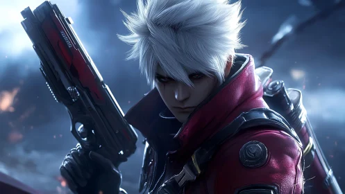 White‑haired cyber gunner holds aim in stormlit twilight