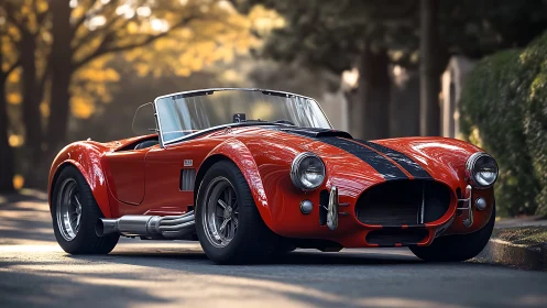 Classic red roadster displays polished bodywork and racing stripes