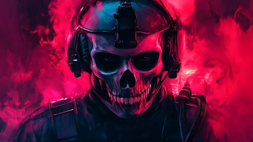 Tactical skull operator emerges from neon magenta smoke field