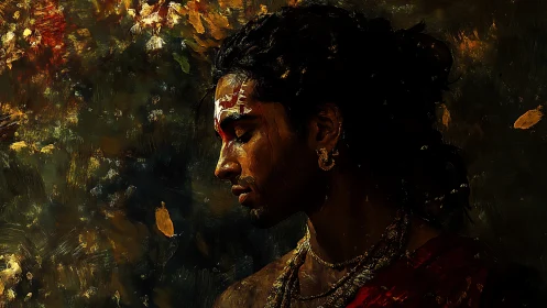 Contemplative profile portrait with gilded ritual adornment.