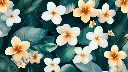 Plumeria Flowers and Tropical Foliage Composition