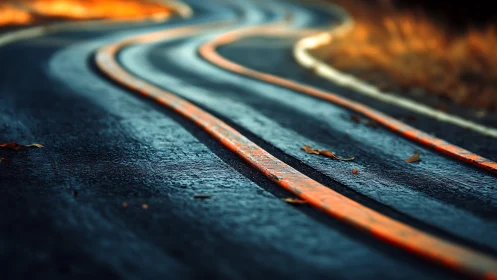 Curved wet asphalt road with glowing orange divider lines.