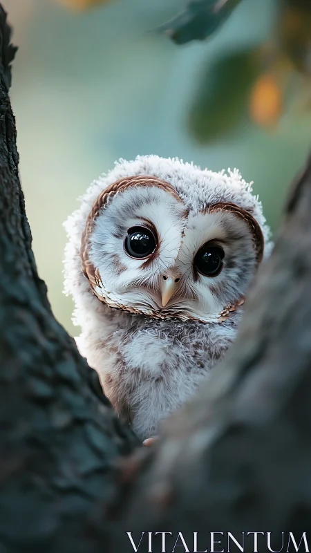 Juvenile owl framed by tree trunks in shallow depth-of-field