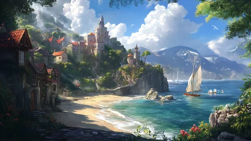 Medieval coastal settlement with castle structures on rocky promontories