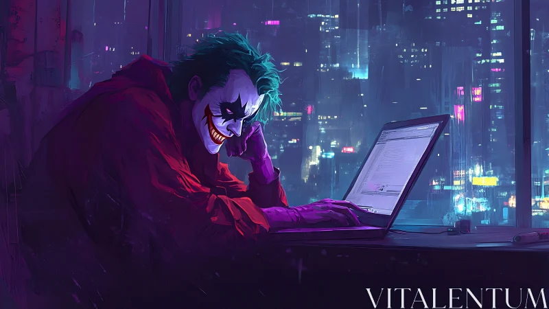 Clown-faced hacker leans over laptop in neon city night.