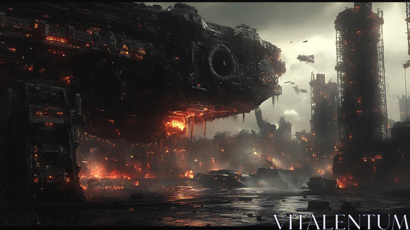 Colossal warship drifts over a burning dystopian shipyard