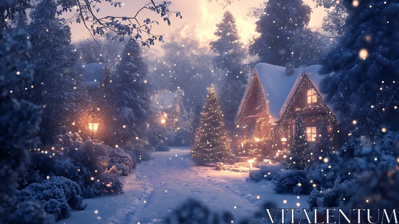 Snow-covered cottage and path with illuminated winter decor.