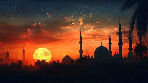 Burnished desert skyline bathing minarets in molten dusk.