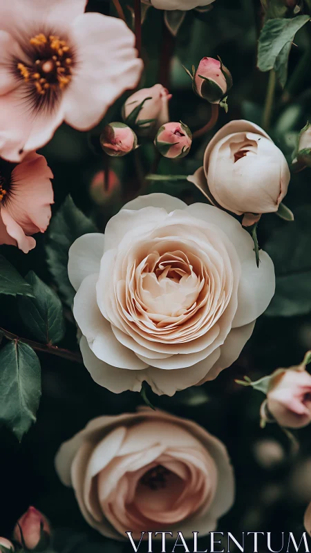 Layered Garden Blooms: Cream Roses and Pink Buds in Botanical Arrangement