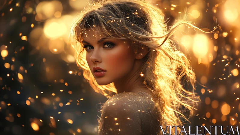 Golden light portrait of woman with glowing hair and embers.