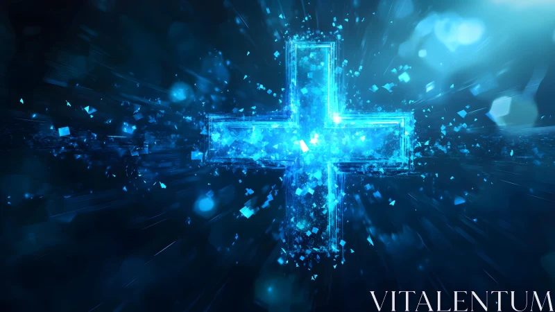 Glowing Blue Digital Plus Sign Exploding with Particles in Abstract Style.