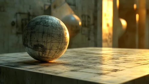 Cartesian globe sphere on planar map in golden volumetric light
