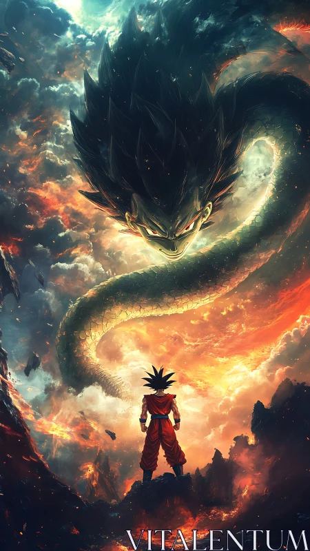 Figure in red observes large dragon form within turbulent sky