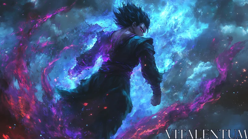 Figure stands amid turbulent blue and magenta energy field