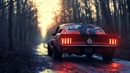 Red classic muscle car on wet forest road at dusk.