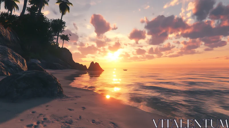 Tropical beach shoreline at calm orange sunset light.