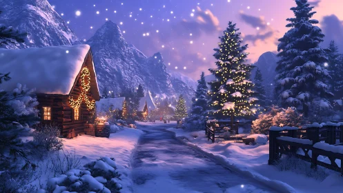 Snowy alpine village glows with warm festive Christmas lights