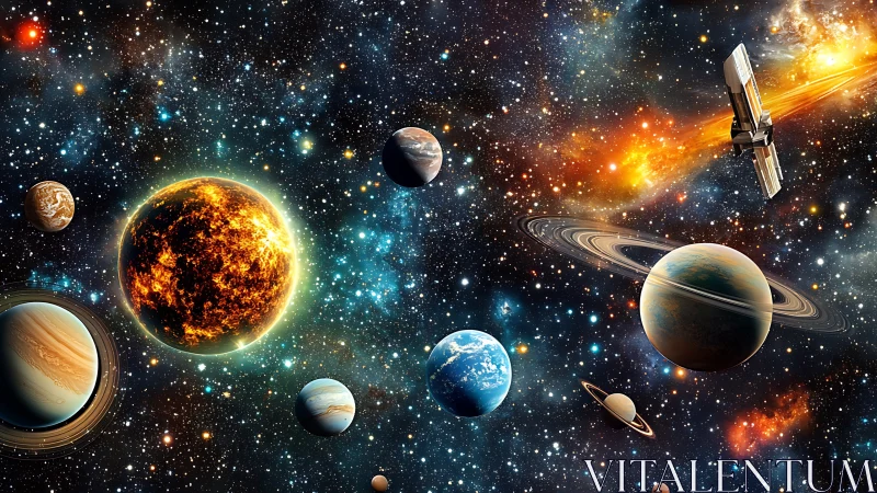 Vibrant planetary system orbits within dense starfield.